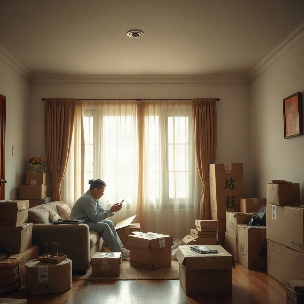 Half-packed living room with cardboard boxes in the marital drama Hunhou Diqi Nian