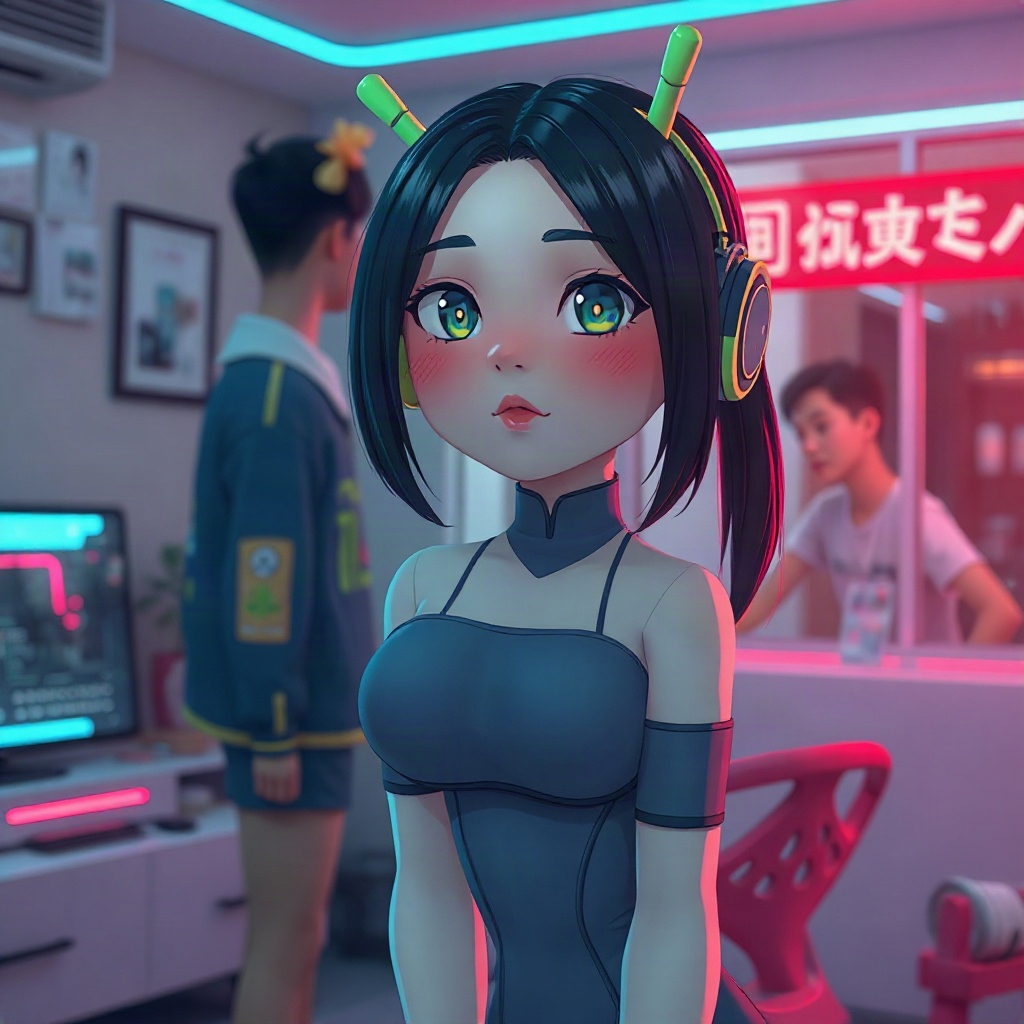 Android character in a neon apartment from the cyber romance animation Jixie Xinshi